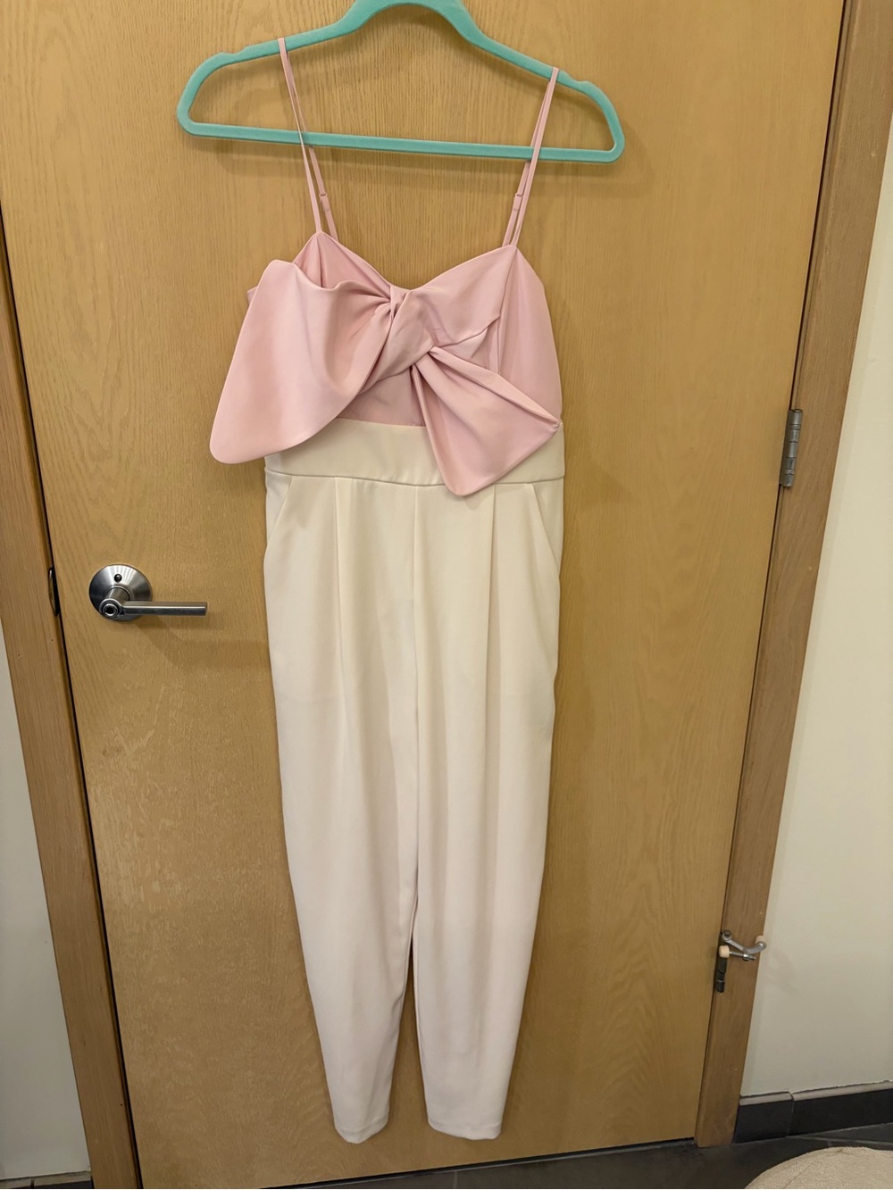 Express Pink and Cream Strapless Bow Jumpsuit